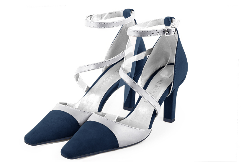Navy blue and light silver women's open side shoes, with snake-shaped straps. Tapered toe. High slim heel - Florence KOOIJMAN